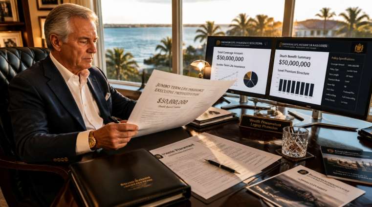 Multi Million Term Life Insurance For Senior Executives USA 2026 wealthy senior executive reviewing massive jumbo term life insurance contracts
