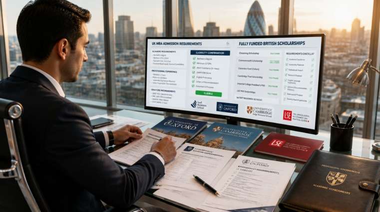 Elite Executive UK MBA Admission Requirements 2026 corporate professional reviewing elite UK university admission requirements and fully funded British scholarship dashboards