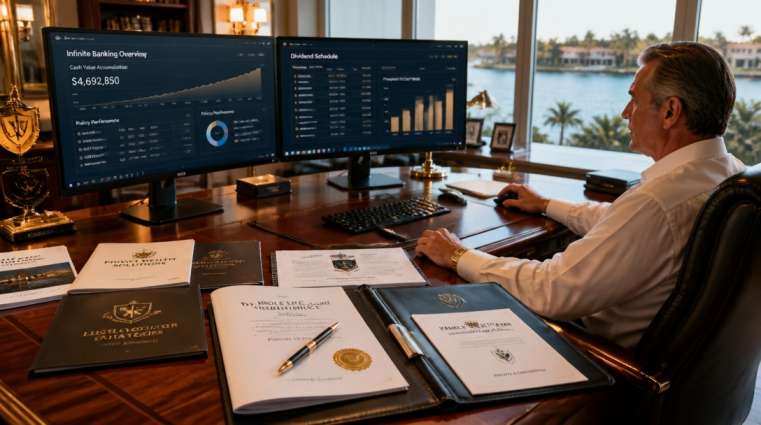 Proven Premium Infinite Banking Whole Life Policies USA 2026 wealthy family office director reviewing infinite banking cash value dashboards