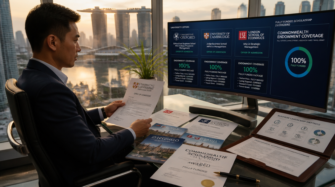 Best UK Universities 100% Scholarship Guide corporate professional reviewing elite UK university admission letters and fully funded British scholarship dashboards